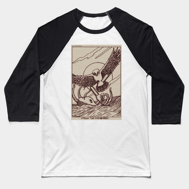 Owl and Octopus Husqvarna Panel Baseball T-Shirt by Cryptids-Hidden History